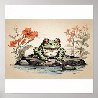hand drawn sketch of Frog in Ukiyo-E Style Poster