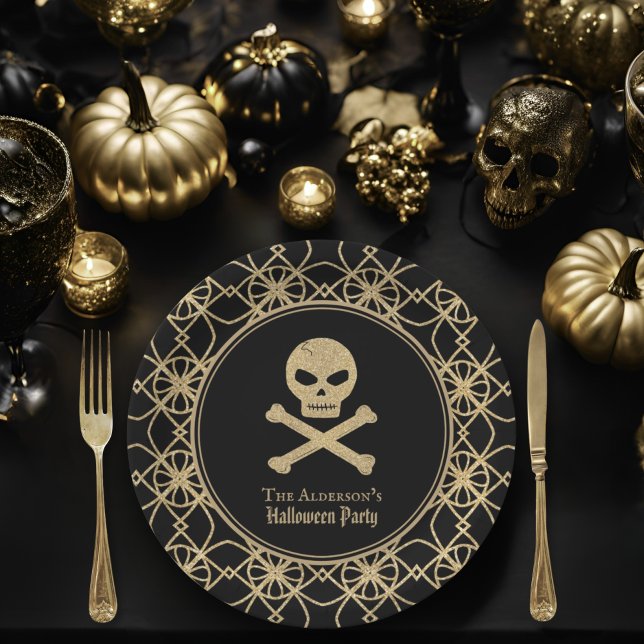 Hand Drawn Skull Gold Glitter Halloween Party Paper Plate (Creator Uploaded)