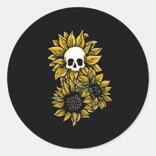 Hand drawn skull with sunflower illustration (2) classic round sticker