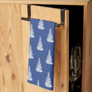 Hand Drawn Snow Covered Tree Pattern Indigo Tea Towel