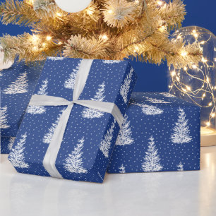 Hand Drawn Snow Covered Tree Pattern Indigo Wrapping Paper