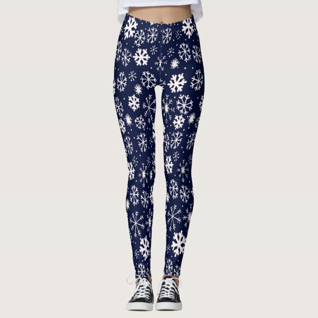 Hand Drawn Snowflake Blizzard With Navy Classic Bl Leggings (Front)