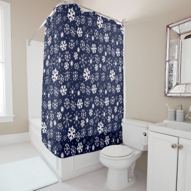 Hand Drawn Snowflake Blizzard With Navy Classic Bl Shower Curtain (In Situ)