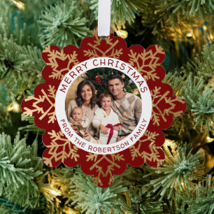 Hand Drawn Snowflake Gold Red Christmas Photo Tree Decoration Card