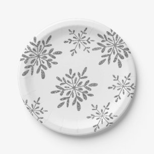 Hand Drawn Snowflakes   Silver Glitter Holiday Paper Plate