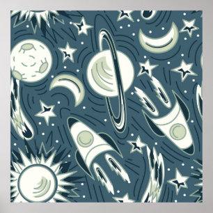 Hand drawn space seamless vintage pattern. Planets Poster
