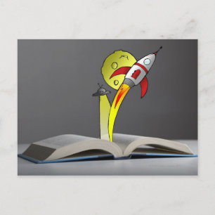 Hand drawn space ship emerging from a storybook postcard