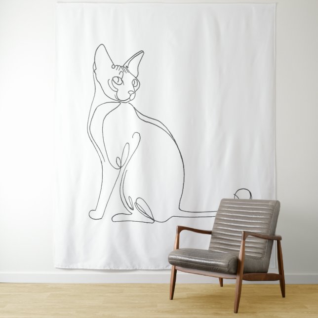 Hand Drawn Sphynx Cat Minimalist Design Tapestry (In Situ)