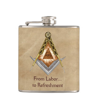 Hand Drawn Square and Compass With All Seeing Eye Hip Flask