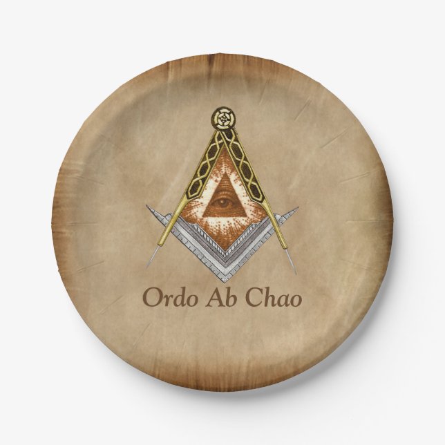 Hand Drawn Square and Compass With All Seeing Eye Paper Plate (Front)
