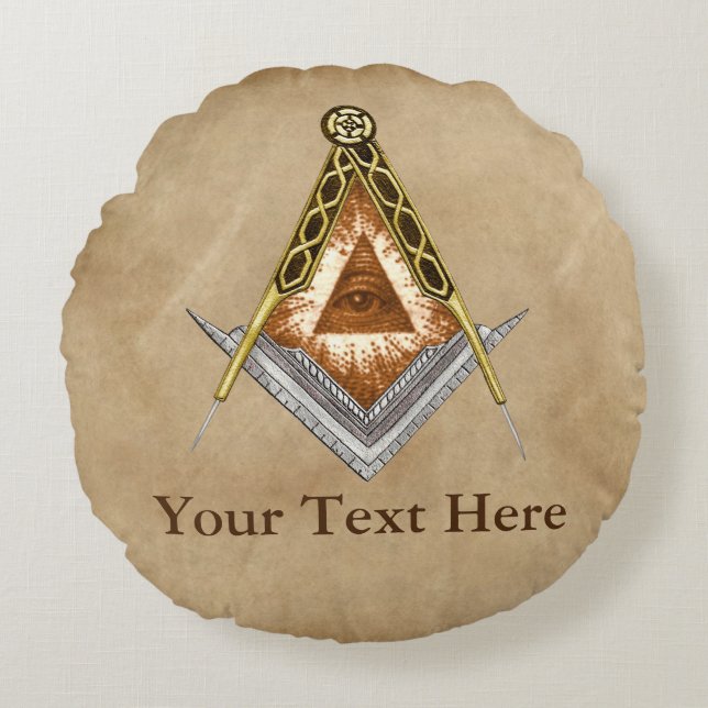 Hand Drawn Square and Compass With All Seeing Eye Round Cushion (Front)