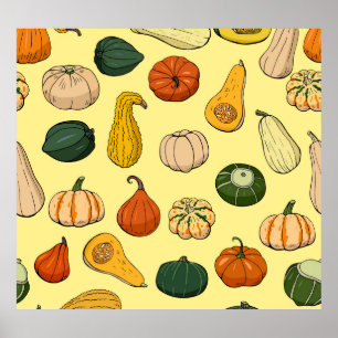 Hand-drawn squashes, seamless vegetable pattern. poster