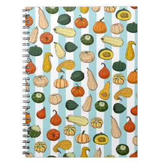 Hand-drawn squashes, striped seamless background. notebook