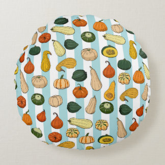 Hand-drawn squashes, striped seamless background. round cushion