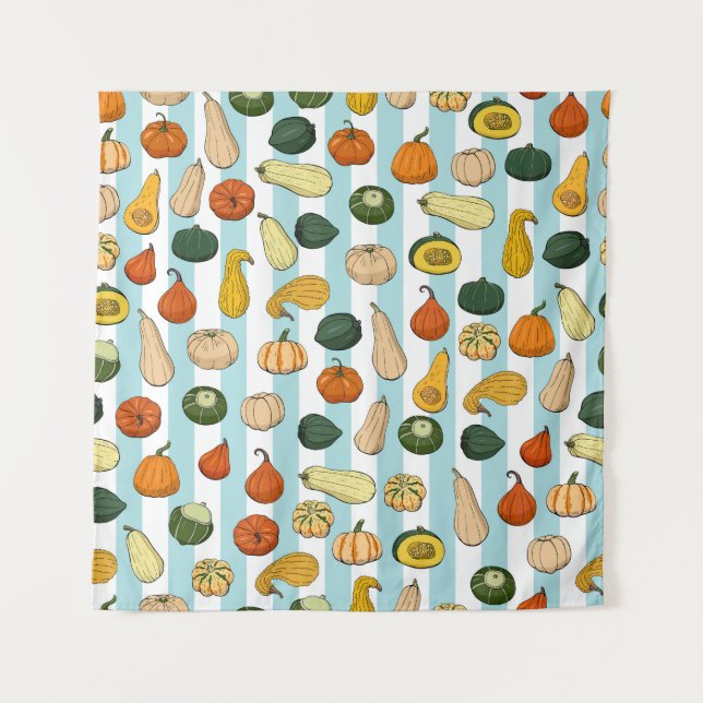 Hand-drawn squashes, striped seamless background. tapestry (Front)