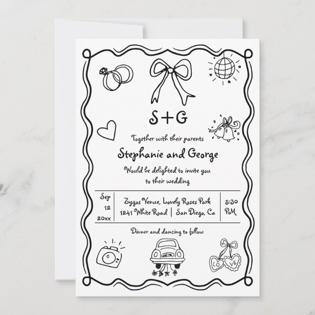  Hand drawn squiggle doodle QR whimsical wedding Invitation (Front)