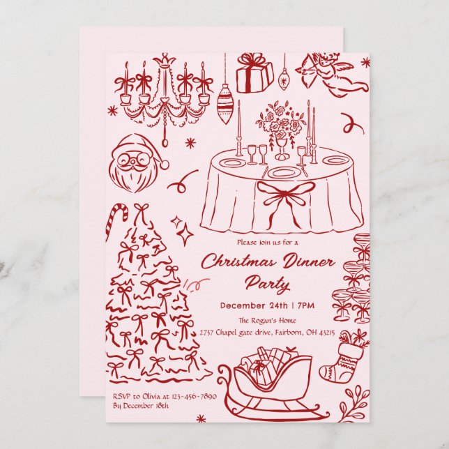 Hand Drawn Squiggle Doodles Christmas Party Invita Invitation (Front/Back)