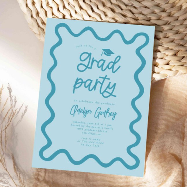 Hand Drawn Squiggly Line Bue Graduation Party Invitation (Creator Uploaded)