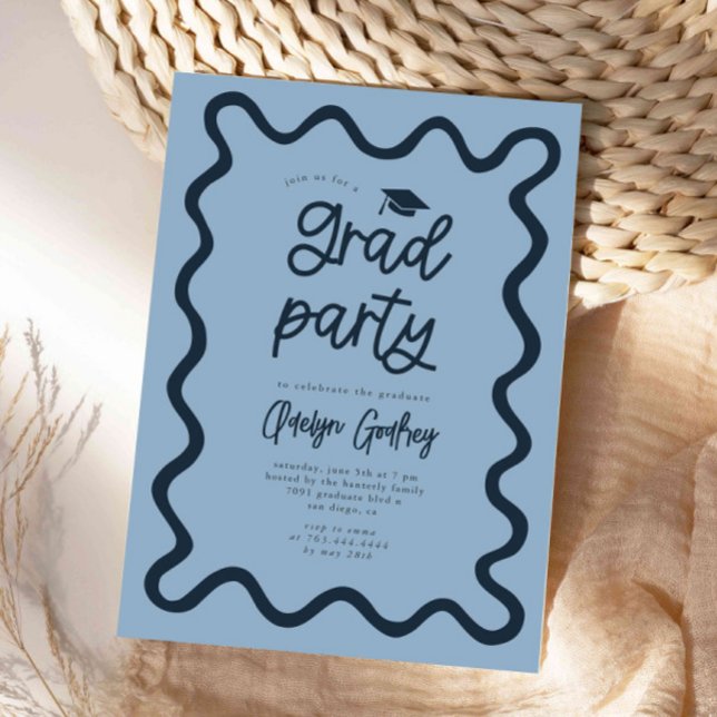 Hand Drawn Squiggly Line Navy Graduation Party Invitation (Creator Uploaded)