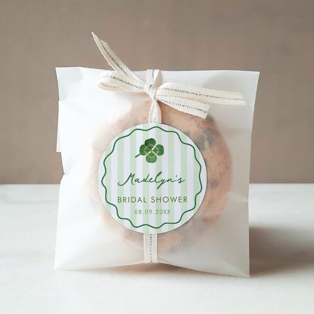 Hand-Drawn St Patrick's Day Wedding Shower Favor Classic Round Sticker (Modern Hand-drawn thank you favor stickers in a green and white st patricks day theme with shamrock)