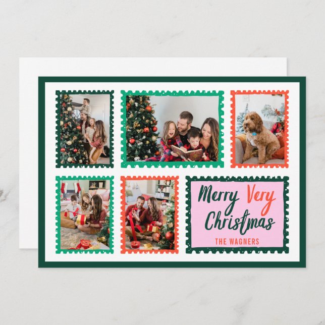 Hand Drawn Stamps Frame 5 Photo Merry Christmas  Holiday Card (Front/Back)