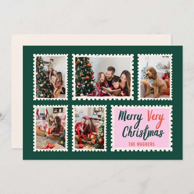 Hand Drawn Stamps Frame 5 Photo Merry Christmas  Holiday Card (Front/Back)