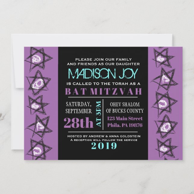 HAND DRAWN STARS Bat Bar Mitzvah Invitation (Front)