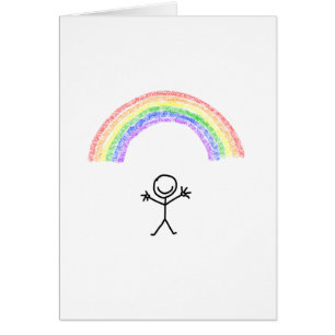 Hand drawn stick man under a rainbow card