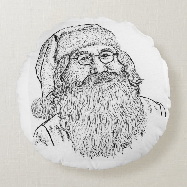 Hand-Drawn Stippled Santa Claus Round Throw Pillow (Front)