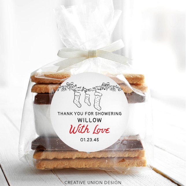 Hand Drawn Stockings Merry Little Baby Shower Classic Round Sticker (Creator Uploaded)