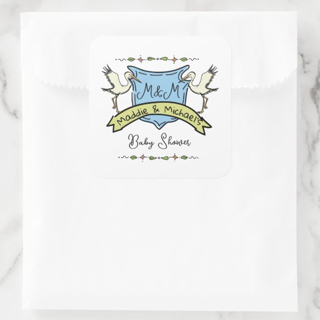 Hand drawn Stork Crest Baby Shower Square Sticker (Bag)