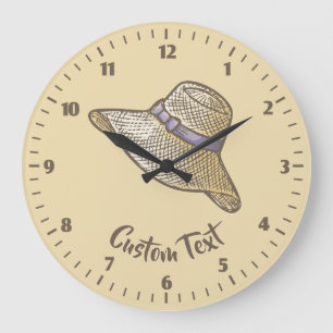 Hand Drawn Straw Hat Beige Large Clock