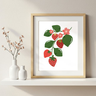 Hand-Drawn Strawberry Branch Kitchen Art Print
