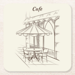 Hand Drawn Street with Cafe' Square Paper Coaster