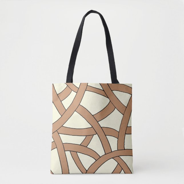 Hand drawn stripes design brown cream tote bag (Front)