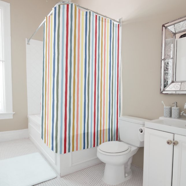 Hand-drawn stripes in mid century modern colours shower curtain (In Situ)