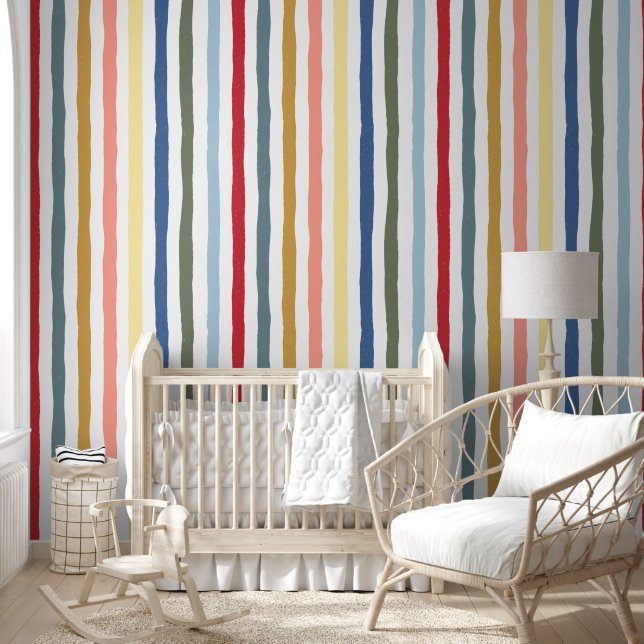 Hand-drawn stripes in mid century modern colours wallpaper (Kids)