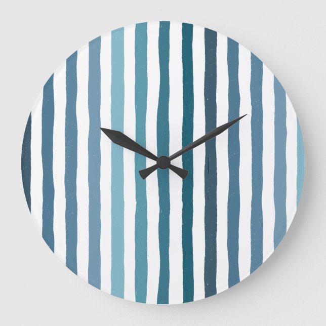 Hand-drawn stripes in shades of sea-inspired blue large clock (Front)