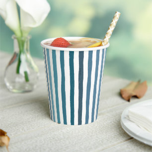 Hand-drawn stripes in shades of sea-inspired blue paper cups
