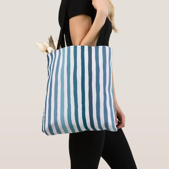 Hand-drawn stripes in shades of sea-inspired blue tote bag (Close Up)