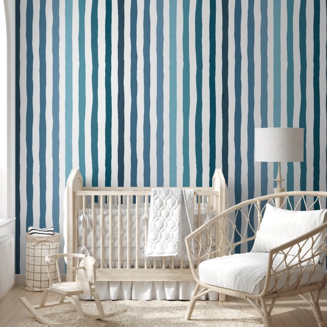 Hand-drawn stripes in shades of sea-inspired blue wallpaper (Kids)