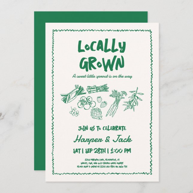 Hand Drawn Style Locally Grown baby shower invite (Front/Back)