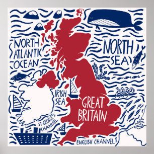 hand drawn stylised map of the United Kingdom. Tra Poster