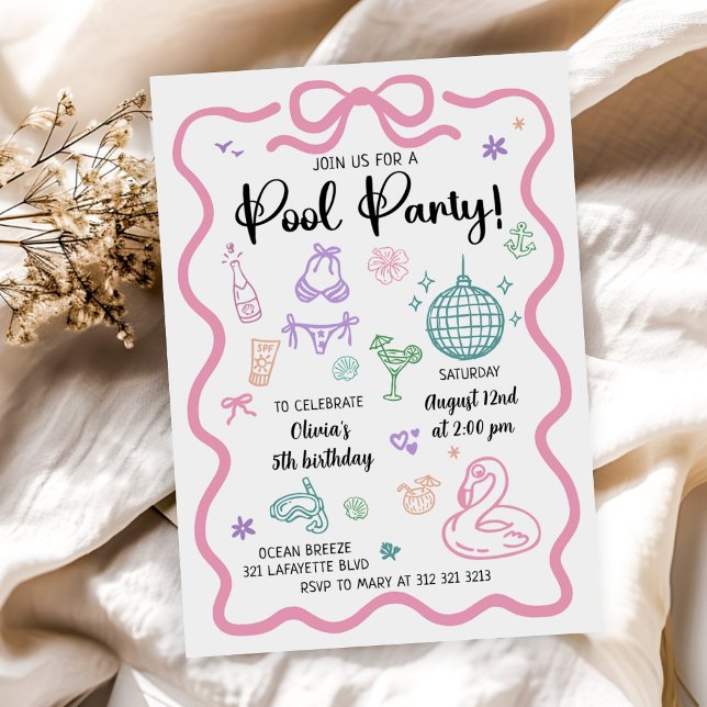 Hand Drawn Summer Fun Pool Party Birthday Invitation (Creator Uploaded)