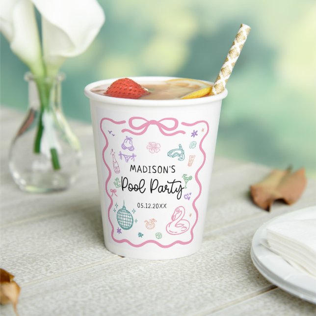 Hand Drawn Summer Fun Pool Party Birthday Paper Cups (Insitu)