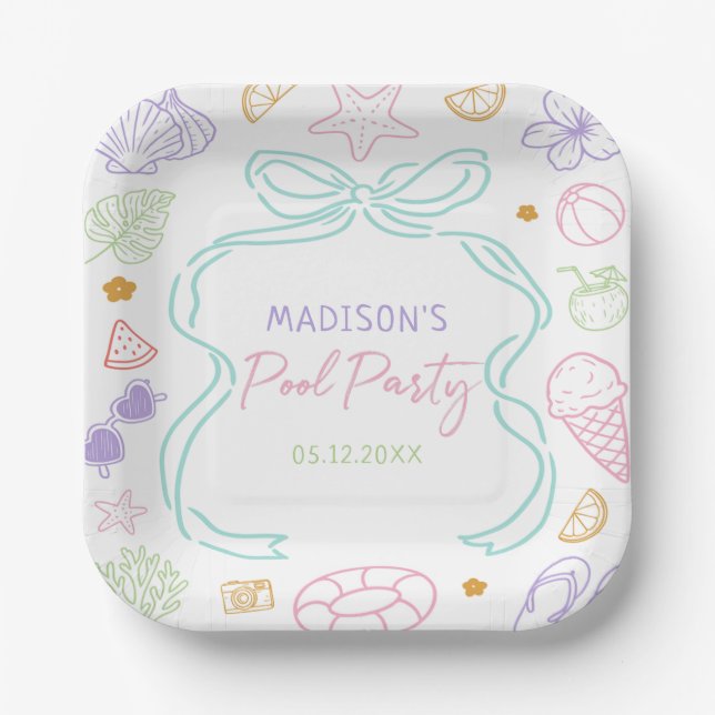 Hand Drawn Summer Pool Party Birthday Paper Plates (Front)