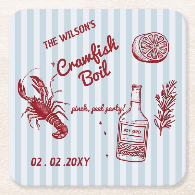 Hand Drawn Summer Seafood Crawfish Boil Party  Square Paper Coaster (Front)