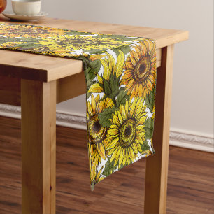 Hand Drawn Sunflower Long Table Runner