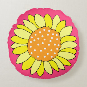 Hand Drawn Sunflower Pink Background Round Cushion
