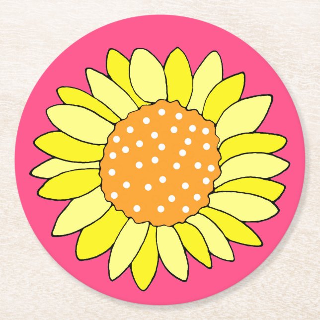 Hand Drawn Sunflower Pink Background Round Paper Coaster (Front)
